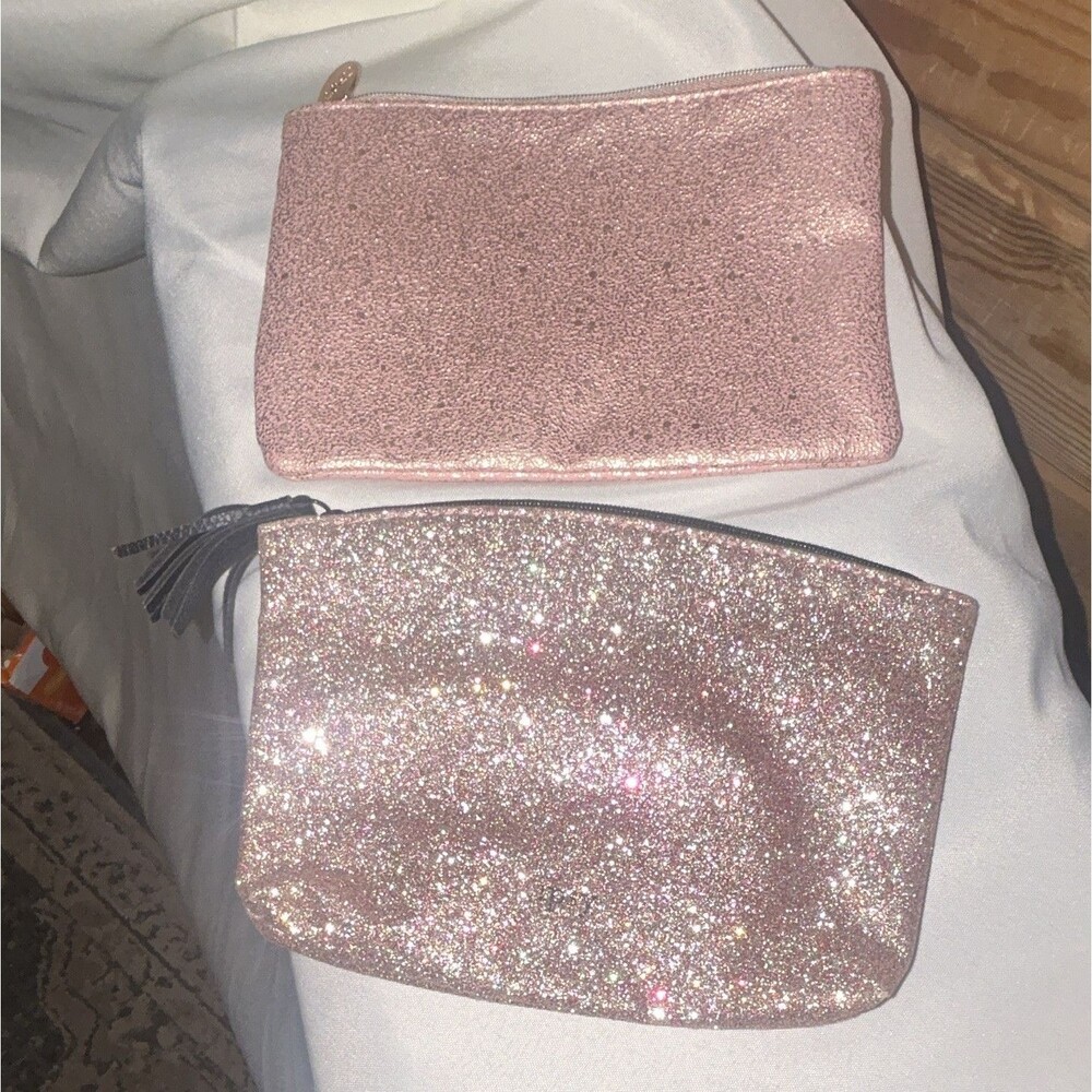 Ipsy Makeup Bag Set of 2 Pink Glitter Cosmetic Pouches Travel Zipper Cases